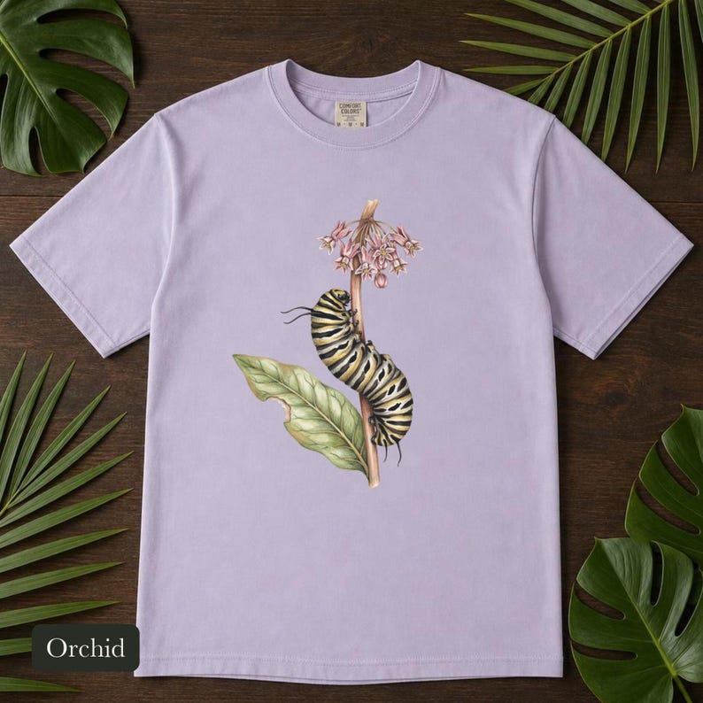 Monarch Caterpillar Shirt, Comfort Colors® Vintage Botanical Bug Tee, Cottagecore Insect Tshirt, Butterfly Garden Gift, Science Teacher Gift