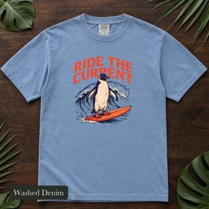Surfing Penguin Shirt, Ride The Current Retro Surf Art, Bird Nerd Gift, Comfort Colors Ocean Wave Tee, Beach Vacation Summer Vibes TShirt