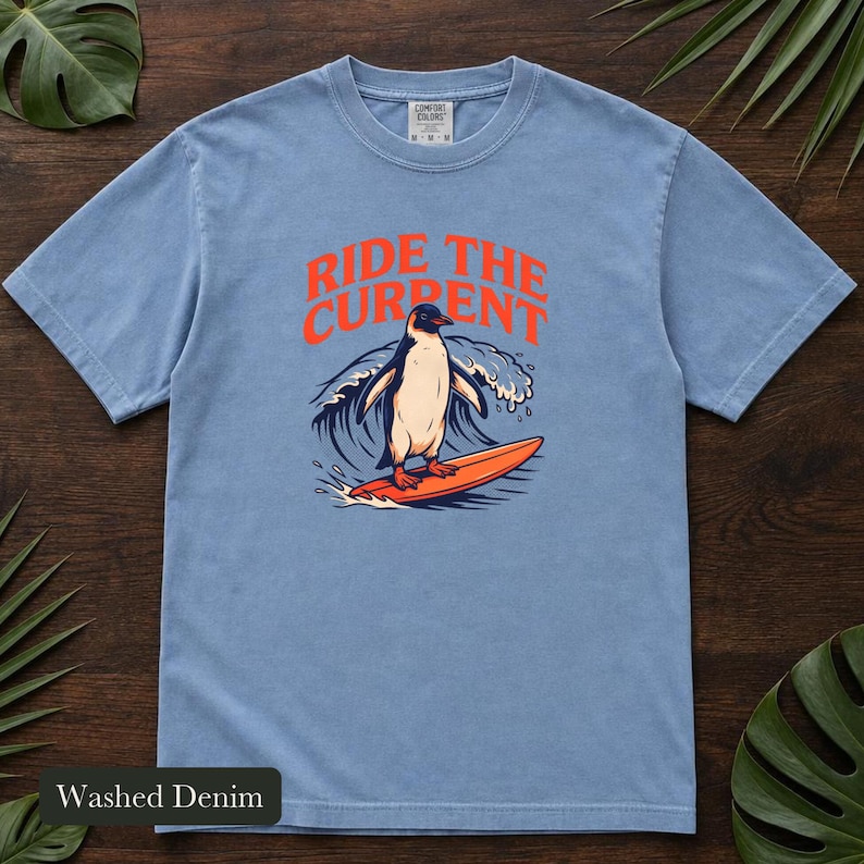 Surfing Penguin Shirt, Ride The Current Retro Surf Art, Bird Nerd Gift, Comfort Colors Ocean Wave Tee, Beach Vacation Summer Vibes TShirt