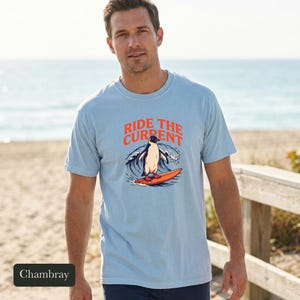 Penguin Shirt, Ride The Current, Comfort Colors®, Vintage Surf Art, Ocean Wave Lover Gift, Retro Beach Vibes, Marine Life Design