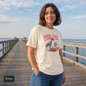 Penguin Shirt, Ride The Current, Comfort Colors®, Vintage Surf Art, Ocean Wave Lover Gift, Retro Beach Vibes, Marine Life Design
