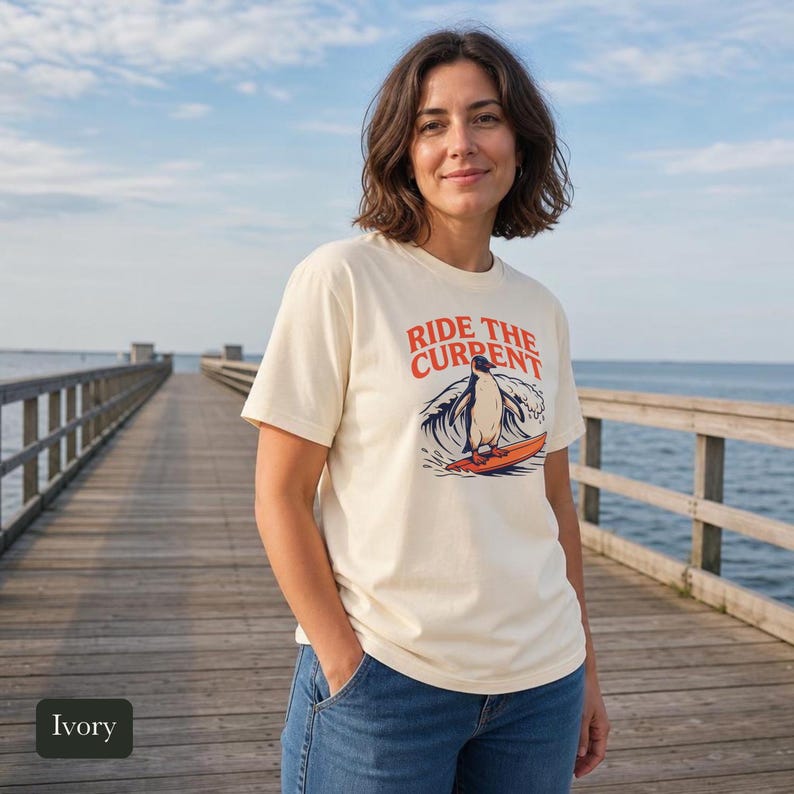 Penguin Shirt, Ride The Current, Comfort Colors®, Vintage Surf Art, Ocean Wave Lover Gift, Retro Beach Vibes, Marine Life Design