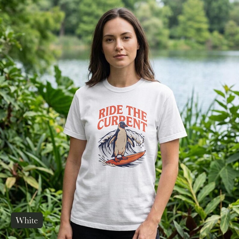 Surfing Penguin Shirt, Ride The Current Retro Surf Art, Bird Nerd Gift, Comfort Colors Ocean Wave Tee, Beach Vacation Summer Vibes TShirt