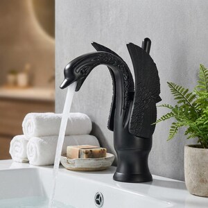 Matte Black Swan Faucet, Ornate Bird-Shaped Hot Cold Basin Mixer Tap, Single-Hole Decorative Sink Fixture for Gothic Vintage Bathroom Decor