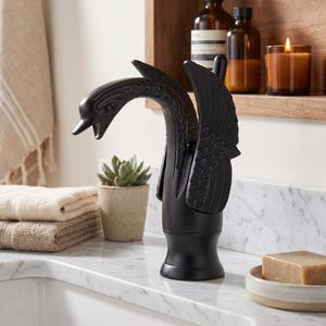 Matte Black Swan Faucet, Ornate Bird-Shaped Hot Cold Basin Mixer Tap, Single-Hole Decorative Sink Fixture for Gothic Vintage Bathroom Decor