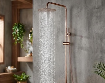 Luxury Rose Gold Thermostatic Shower Set, Wall Mounted Exposed Rainfall Shower System with Handheld Wand, Modern Bathroom Hardware