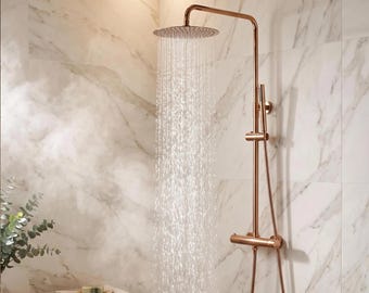 Modern Rose Gold Rainfall Shower Set, Solid Brass Thermostatic Shower Mixer Bar, Adjustable Height Copper Bathroom Fixture