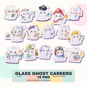 Glasspöke Karriär Clipart Bundle PNG, Söta Halloween Yrkesspöken, Lärare Läkare Sjuksköterska Brandman Clip Art, Kawaii Digital Nedladdning