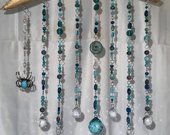 Glass and Gemstone Aqua Beaded Driftwood Suncatcher, Crystal Mobile, Spider Pendant