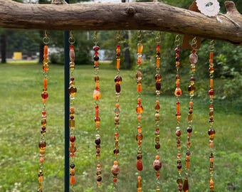 Glass and Gemstone Amber Beaded Driftwood Suncatcher, Crystal Mobile, Autumnal