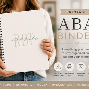 May include: A white spiral-bound notebook with a cover featuring the text ABA Binder and RBT. The cover includes a minimalist design with black wire binding. The text on the cover is printed in a clean, dark font, providing a clear and professional look for documentation and organisational purposes.