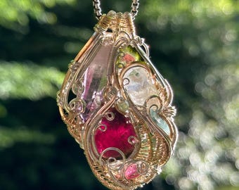 WatermelonTourmaline/aquamarine/garnet/tourmaline/ruby Wire Wrapped Pendant