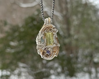 Yellow Apatite/Opal/Aquamarine Wire Wrapped Pendant