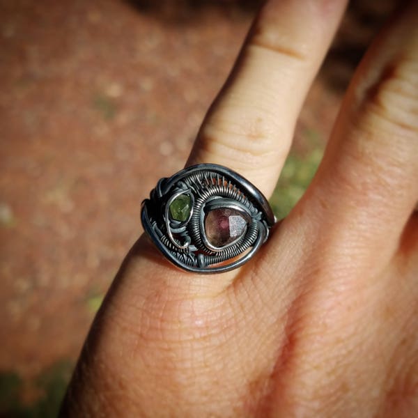 Watermelon Tourmaline Demantoid Garnet Wire Wrapped Ring Reserved for Travis