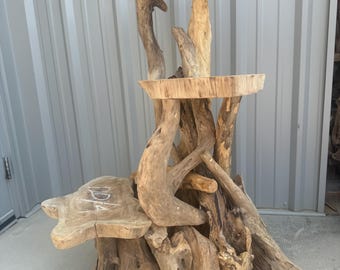 Solid Teak Driftwood-Style Cat Tree/Plant Stand