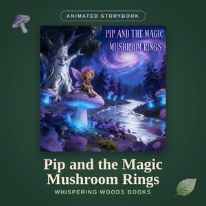 Pode incluir: Um livro de histórias animado intitulado Pip and the Magic Mushroom Rings da Whispering Woods Books. A capa mostra uma fada sentada num cogumelo roxo brilhante perto de um rio, uma árvore sorridente e uma galáxia num bosque escuro.