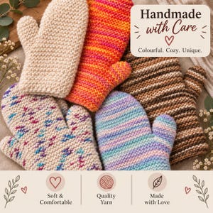 Peut inclure: Cinq moufles tricotées de couleurs et motifs variés, incluant crème uni, dégradé orange et rose, rayures marron et crème, crème avec taches bleues et roses, et rayures arc-en-ciel pastel. Le texte indique : Handmade with Care, Colourful. Cozy. Unique.