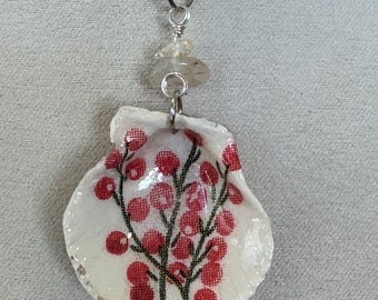 Decoupage seashell necklace, red branches, clear stone , silver chain, scallop seashell.272