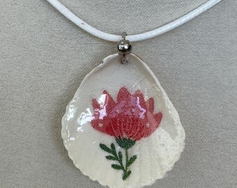 Decoupage seashell necklace, red flower, silver bead, leather cord , scallop seashell.275