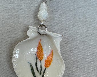 Decoupage seashell necklace, yellow flower, pineapple , silver chain, scallop seashell.276