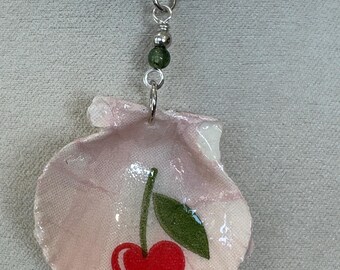 Decoupage seashell necklace, cherry, green and silver beads, silver chain, scallop seashell.270