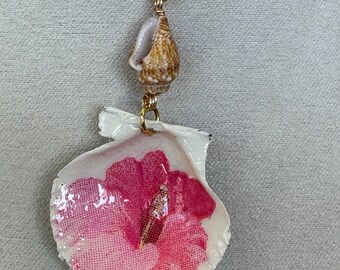 Decoupage seashell necklace, pink hibiscus , brown shell, gold chain, scallop seashell.266