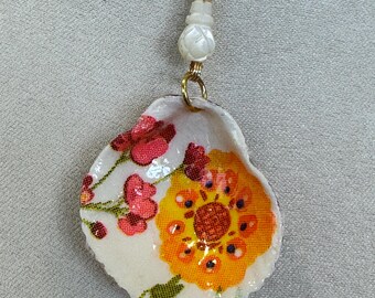 Decoupage seashell necklace, orange flower, pineapple bead, gold chain, scallop seashell.223