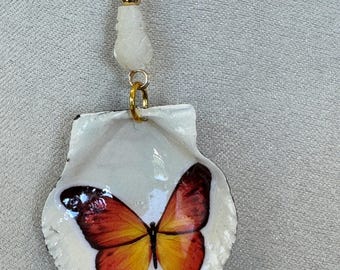 Decoupage Seashell Necklace, orange butterfly, pineapple bead, gold chain, scallop seashell.212