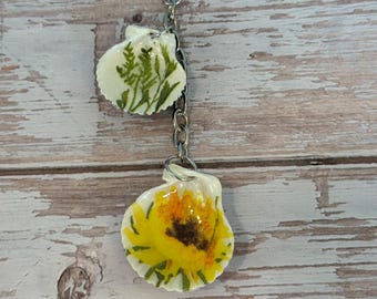 Decoupage seashell keychain/purse jewelry, greenery, yellow flower,  silver chain.