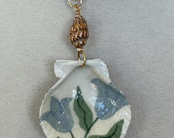 Decoupage seashell necklace, blue flower, brown shell, gold chain, scallop seashell.264