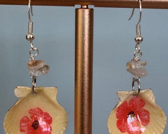 Decoupage seashell earrings, pink flowers, clear stone bead, scallop shell.11