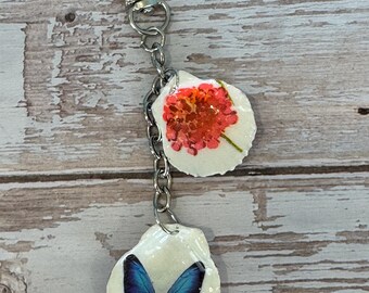 Decoupage seashell keychain/purse jewelry, pink flower, blue butterfly ,  silver chain.