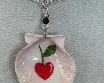 Decoupage seashell necklace, cherry, green and silver beads, silver chain, scallop seashell.271