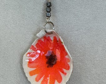 Decoupage seashell necklace, orange flower, gray stone beads, silver chain, scallop seashell.220