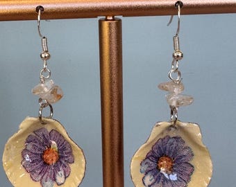 Decoupage seashell earrings, blue flowers, clear stone bead, scallop shell.9