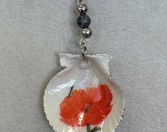 Decoupage seashell necklace, orange flower, gray beads, silver chain, scallop seashell.219