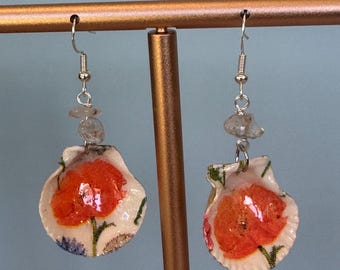 Decoupage seashell earrings, orange flowers, clear stone bead, scallop shell.10