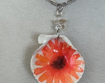 Decoupage seashell necklace, orange flower, clear stone , silver chain, scallop seashell.273