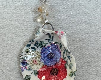 Decoupage seashell necklace,red, white blue flowers, clear stones, leather cord , scallop seashell.274
