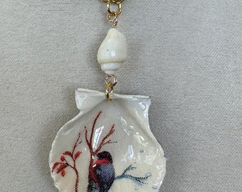 Decoupage seashell necklace, blue bird, white shell, gold chain, scallop shell.268