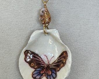 Decoupage seashell necklace, purple butterfly, brown shell, gold chain, scallop seashell.267
