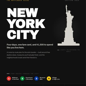 May include: A black travel guide titled The Wayfinder Guide Edition 2026 New York City featuring a white silhouette of the Statue of Liberty. Text includes Four days, one fare card, and $1,500 to spend like you live here, plus four numbered routes.