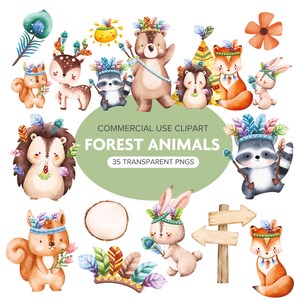 Puede incluir: Una colección digital de ilustraciones en acuarela de animales del bosque que incluye un oso, zorro, ardilla, erizo y mapache, todos con diademas de plumas coloridas. El set incluye 35 PNG transparentes con el texto COMMERCIAL USE CLIPART FOREST ANIMALS.