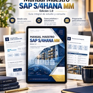 Op de afbeelding: Een digitale download van de Manual Maestro SAP S/4HANA MM Edición 1.0, een uitgebreide studiegids. Het tabletscherm toont de omslag van de handleiding met tekst, diagrammen en magazijnbeelden, geflankeerd door twee geprinte pagina's met SAP-processen.