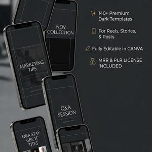 May include: A digital product kit featuring 140 dark Instagram templates for reels, stories, and posts. The display shows multiple smartphone screens with text overlays like Daily Motivation, Marketing Tips, and Q&A Session, all editable in Canva.