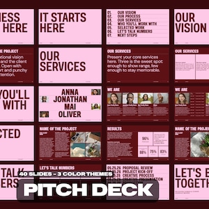Peut inclure: Un modèle de présentation numérique comprenant quarante diapositives avec une palette de couleurs bordeaux foncé et rose clair. La mise en page inclut des sections pour les noms d'entreprise, les visions de projet et les services.