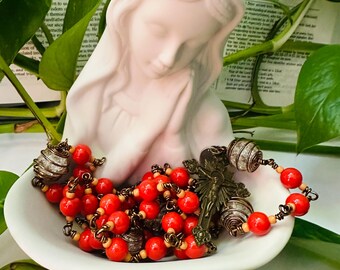 Handcrafted Rustic Catholic Rosary – Vibrant Orange Beads with Artisan Wire-Wrapped Our Father Beads