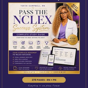 May include: The Complete NCLEX Library study guide features a 278-page manual, a tablet displaying a clinical judgment framework, and a smartphone. The cover text reads Pass The NCLEX Success System, Everything You Need. Nothing You Don't.
