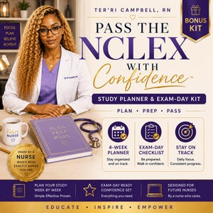May include: A study planner and exam-day kit titled Pass the NCLEX with Confidence. The set includes a purple spiral-bound planner, a stethoscope, and a white mug labeled Future Nurse. Text includes Plan Prep Pass, 4-Week Planner, and Exam-Day Checklist.