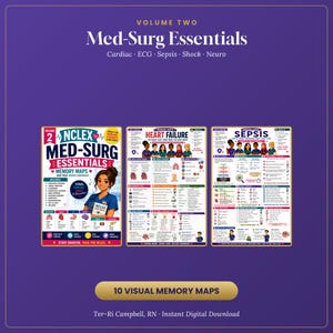 May include: A set of three educational study guides titled Med-Surg Essentials Volume Two. The guides feature colorful illustrations, medical diagrams, and text covering topics like heart failure and sepsis, designed for nursing students and NCLEX prep.